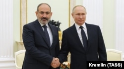 RUSSIA -- Armenian Prime Minister Nikol Pashinian and Russian President Vladimir Putin meet at the Kremlin in Moscow, April 7, 2021