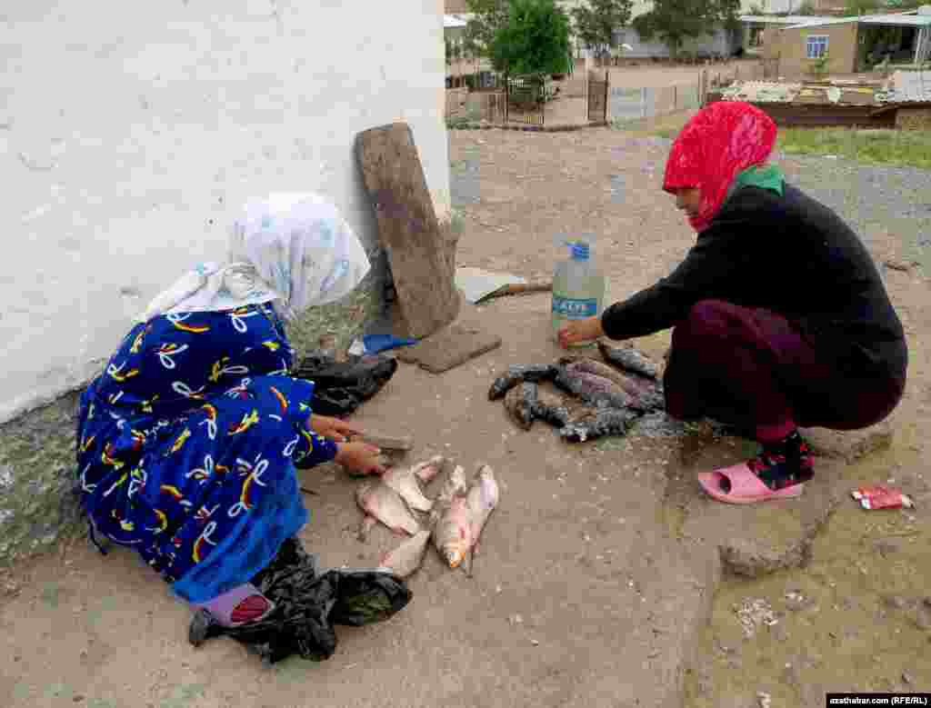 Balyk satýan zenanlar müşderilerine balygy arassalap bermegi hem ýola goýupdyrlar.&nbsp;Balyk çekilip, puly tölenen dessine, satyjylar ellerini çermäp, satan balyklarny arassalamaga girişýärler.