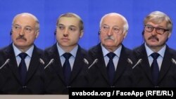 Зьлева направа: арыгінальнае фота Аляксандра Лукашэнкі, амалоджанае праз FaceApp, састаранае праз FaceApp і з накладзенымі праз FaceApp барадой, акулярамі і новай прычоскай