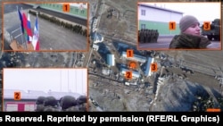 Порівняння розташування будівель на супутниковому знімку аеродрому поблизу Кричева, зробленому Planet Labs 16 листопада 2025 року, зі скриншотами з відео Міністерства оборони Росії