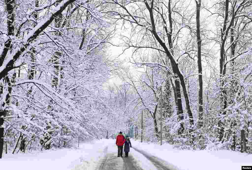 Dvoje ljudi hoda kroz snijegom prekrivenu šumu Zvezdara u Beogradu, Srbija, 5. januara 2026.
