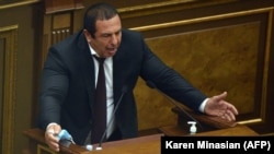 Prosperous Armenia leader Gagik Tsarukian gives a speech in parliament in Yerevan.