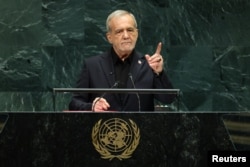 Iranian President Masud Pezeshkian addresses UN Nations General Assembly in New York City on September 23.