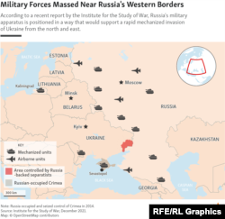 Орусиянын Украинанын чек арасына жакын тартылган аскерлери жана аскердик техникасынын картасы.