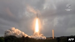 An Ariane 5 rocket launches from Europe's Spaceport, the Guiana Space Center in Kourou, French Guiana.