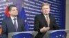 Belgium - EU Commissioner for Enlargement Stefan Fuele (R) and Armenian Prime Minister Tigran Sarkisian at a joint news conference in Brussels, 19Sep2011.