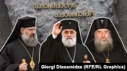 საპატრიარქო კანდიდატები: სენაკისა და ჩხოროწყუს მიტროპოლიტი შიო (მარცხნივ), ფოთისა და ხობის მიტროპოლიტი გრიგოლი (შუაში) და ურბნისისა და რუისის ეპარქიის მიტროპოლიტი იობი.