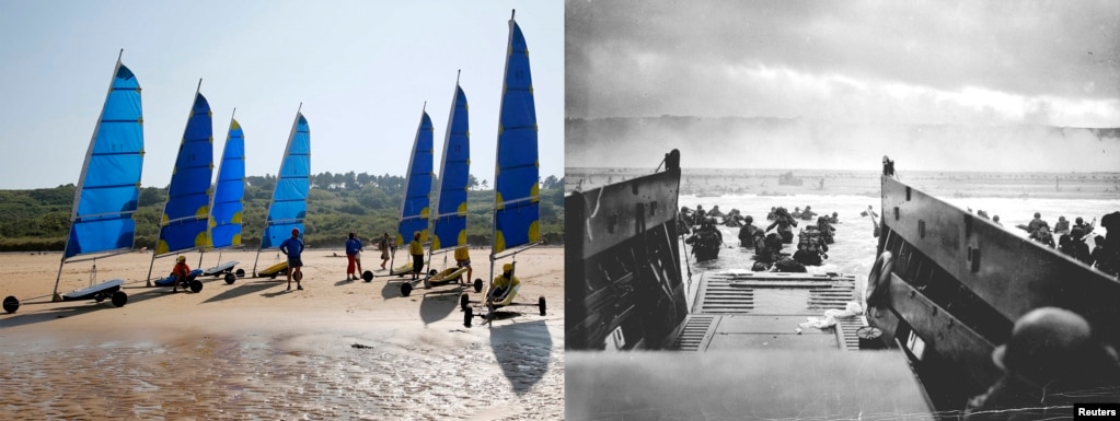 On the right, U.S. troops wade ashore from a Coast Guard landing craft at Omaha Beach on June 6, 1944; and the same beach in 2013.