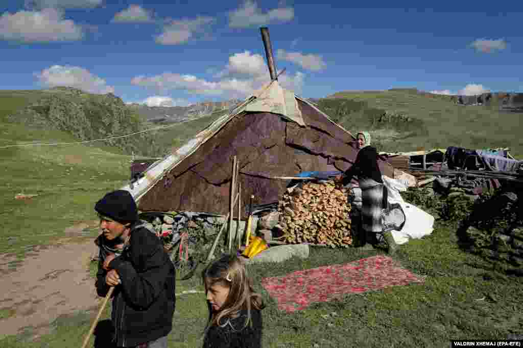 Borjan Bajle (left) watches the flock graze on a pasture near the hut.