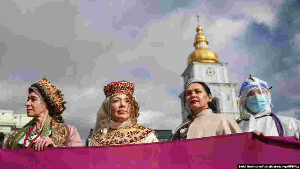 Women at a march for gender equality on International Women&#39;s Day in Kyiv, Ukraine, on March 8.