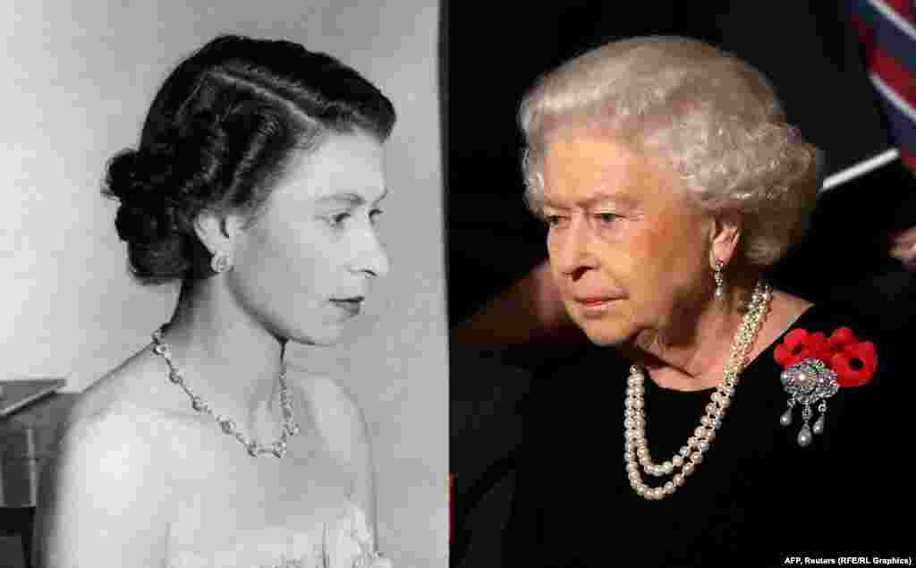 Королева Елизавета II в 1953-м (слева) и в 2015 году.