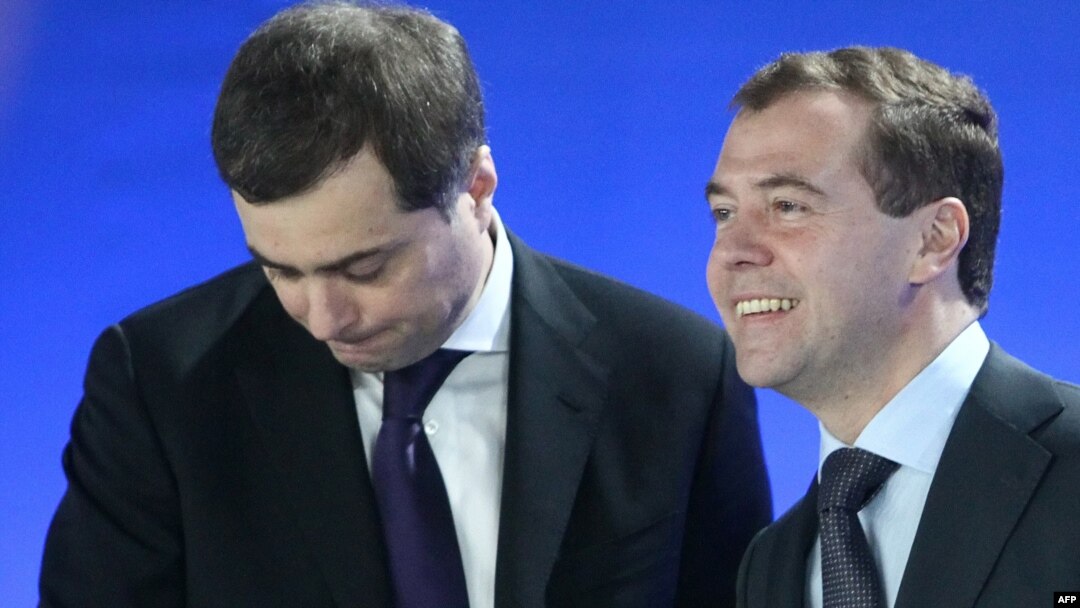 President Dmitry Medvedev (right) with Vladislav Surkov in October, two months before Surkov's resignation as first deputy Kremlin chief of staff.