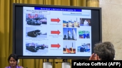 La sediul Conferinței ONU de Dezarmare de la Geneva, un ecran cu lansările de rachete nord-coreene