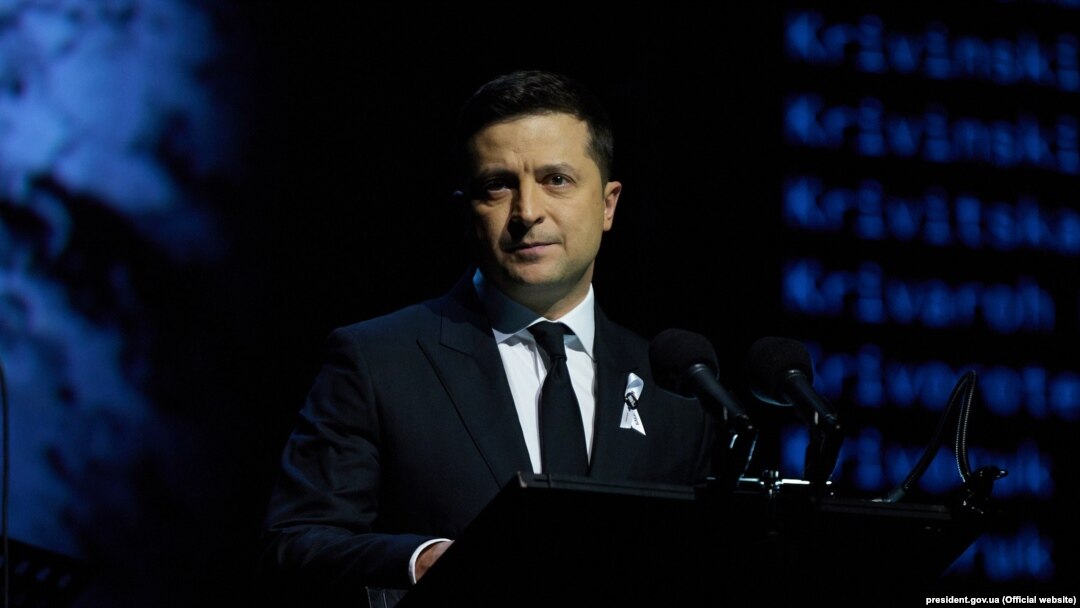 Ukrainian President Volodymyr Zelenskiy speaks at a ceremony honoring the victims of Babyn Yar.