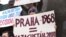 Kazakh asylum seekers holding a protest last month in Prague against their possible deportation from the Czech Republic. They say they would face persecution for their religious beliefs if they return to Kazakhstan.