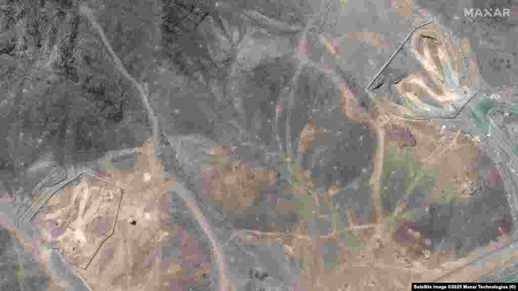Tunnel entrances at the Fordow complex seen before and after the US strikes.