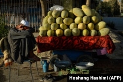 An Afghan fruit vendor waits for customers along a street in Kabul.
