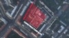 Супутниковий знімок компанії Planet Labs, на якому знаходиться кладовище Залатая Горка: територію, що перебуває під охороною, позначено червоним кольором, будівельний майданчик обведено білим, а церкву Святого Роха – зеленим