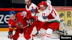 The Belarusian hockey team, seen here at a 2013 IIHF ice hockey world championship match in Sweden in May.