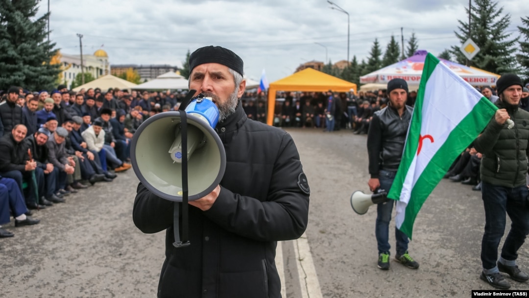 People gather to protest against what they say was an unfair land swap deal with the neighboring Russian region of Chechnya, in Ingushetia's capital, Magas.