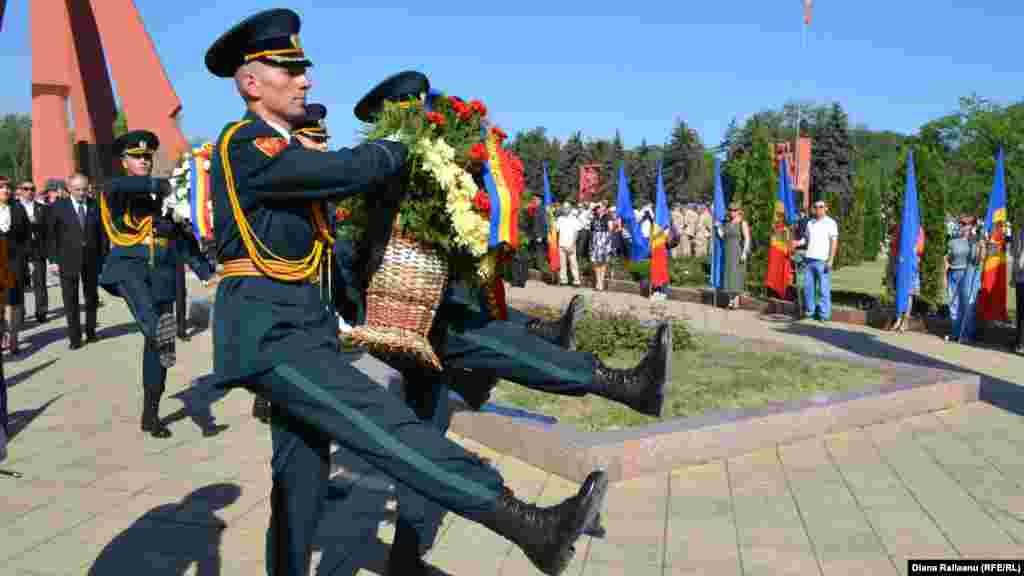 Soldiers take part in a Victory Day parade in the Moldovan capital, Chisinau.