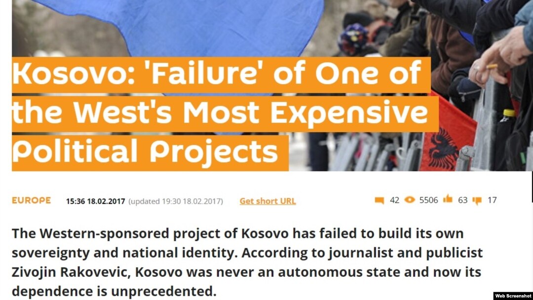 "Kosovo: 'Neuspeh' jednog od najskupljeg političkog projekta Zapada", naslov u tekstu o Kosovu na Sputnjikovoj engleskoj internet stranici