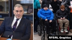 ფოტოკოლაჟი: ჯანდაცვის მინისტრი მიხეილ სარჯველაძე - დიუშენის სინდრომის მქონე ბავშვები მთავრობის კანცელარიასთან, აქციაზე