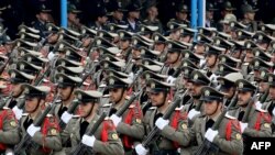 Iranian soldiers march during a military parade as they mark the country's annual army day in Tehran, April 18, 2019