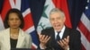 U.S. Secretary of State Condoleezza Rice (left) and U.K. Foreign Secretary Jack Straw in Baghdad on April 3