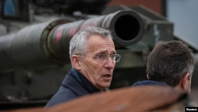 NATO Secretary-General Jens Stoltenberg visits an exhibition displaying destroyed Russian military vehicles during his visit to Kyiv on April 20. 