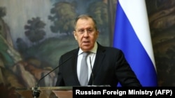 RUSSIA -- Russian Foreign Minister Sergei Lavrov speaks during a joint press conference with his Armenian counterpart following their talks in Moscow on October 12, 2020. 