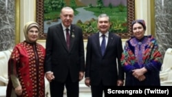 Ogulgerek Berdymukhammedova is seen at far right in this photo that appeared in Turkish media, along her husband, Turkmen President Gurbanguly Berdymukhammedov (second from right), Turkish leader Recep Tayyip Erdogan (second from left), and his wife, Emine Erdogan.