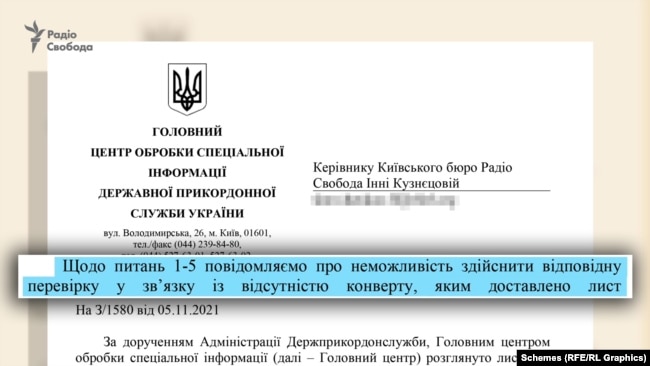 У прикордонників журналістам Радіо Свобода повідомили, що конверт, в якому нібито доставили лист, не зберегли