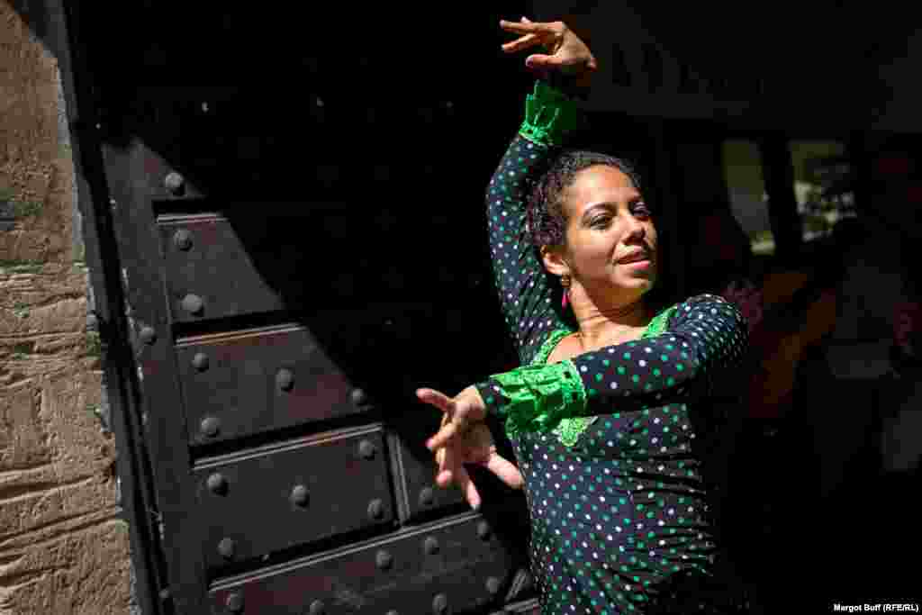 A dancer of the Flamenco Aire Quintero ensemble from Spain. Flamenco music and dance emerged from the melding of Romany and other cultures in Spain&#39;s Andalusia region.