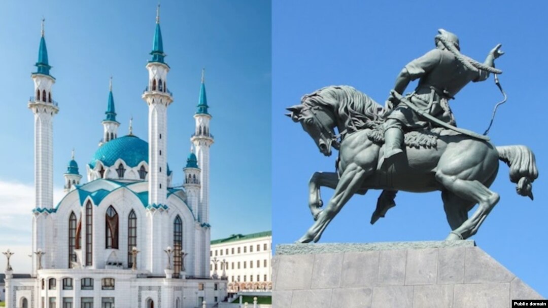Қазандағы Құл Шәріп мешіті (оң жақта) және Уфадағы Салават Юлаев ескерткіші.