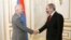 Armenian Prime Minister Nikol Pashinian (right) meets with Piotr Switalski, the head of an EU delegation visiting Yerevan on June 5.