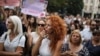 People demonstrate against lax laws on domestic violence in Sofia on July 31.