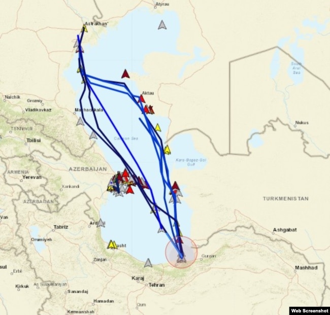 Треки нескольких российских танкеров и сухогрузов, осуществляющих перевозки между Ираном и Россией