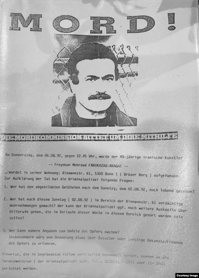 "MURDER!": A flier released by German homicide police in August 1992 seeking help from the public in the investigation of Farrokhzad's killing.