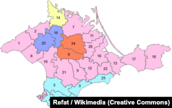 Національні райони Криму в 1930-і роки: 3,4,5,15,23,26 – кримськотатарські, 6, 24 – німецькі, 16, 25 – єврейські, 14 – український
