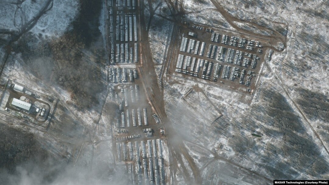 A satellite image shows an overview of Russian military equipment positioned in Yelnya, in western Russia, on November 9.