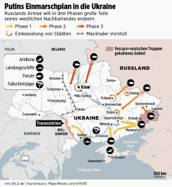 Harta posibilei agresiuni rusești făcută de Bild și zonele în care Rusia a masat trupe la granița cu Ucraina: în nord, sub pretextul exercițiilor militare din Belarus, în est la granița controlată de separatiștii proruși alimentați de Moscova și în sud prin Peninsula Crimeea, confiscată ilegal în martie 2014.