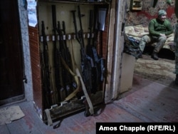 A rack of weapons in an operating base near the front lines in the Luhansk region.