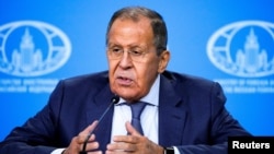 Russia - Russia's Foreign Minister Sergei Lavrov delivers his speech as he meets with heads of diplomatic missions in Moscow, September 19, 2022. 