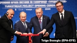 Bulgarian Prime Minister Boyko Borisov (left to right), Russian President Vladimir Putin, Turkish President Recep Tayyip Erdogan, and Serbian President Aleksandar Vucic attend the opening ceremony of the TurkStream project in Istanbul on January 8.