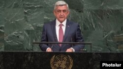 Armenian President Serzh Sarkisian speaks at the UN General Assembly in New York on September 19.