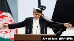 Afghan President Ashraf Ghani presides at the closing ceremony of a government Loya Jirga in May 2019.