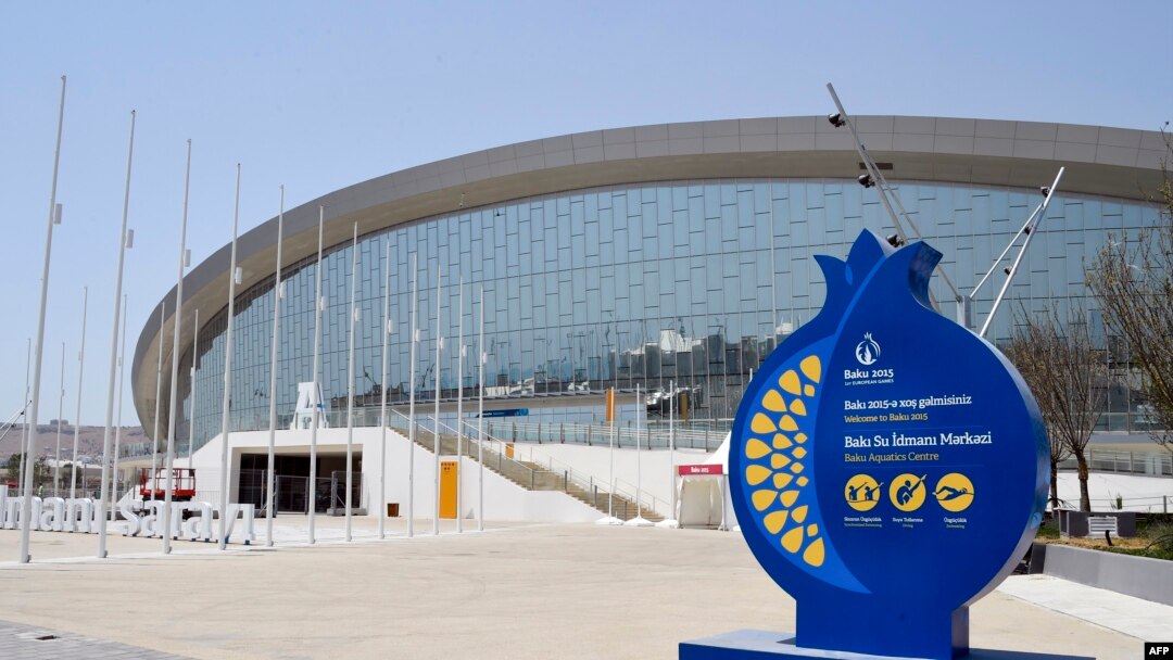Azerbaijan -- A general view shows the Baku Aquatics Center ahead of the 2015 European Games in Baku, June 10, 2015