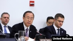 Generalni sekretar Ujedinjen nacija Ban KI-moon i predsjednik Generalne skupštine UN Vuk Jeremić na otvaranje debate o međunarodnom pravosuđu, 10 april 2013.