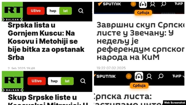 Tituj lajmesh në Sputnik Serbia dhe RT Ballkan që pasqyrojnë ekskluzivisht fushatën e Listës Serbe në Kosovë.
